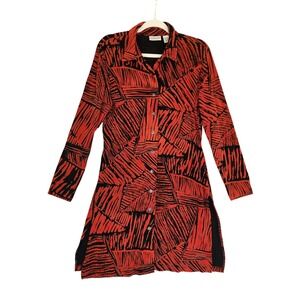 Chicos Travelers Womens Button‎ Down Tunic Dress Size Medium Red Black Abstract